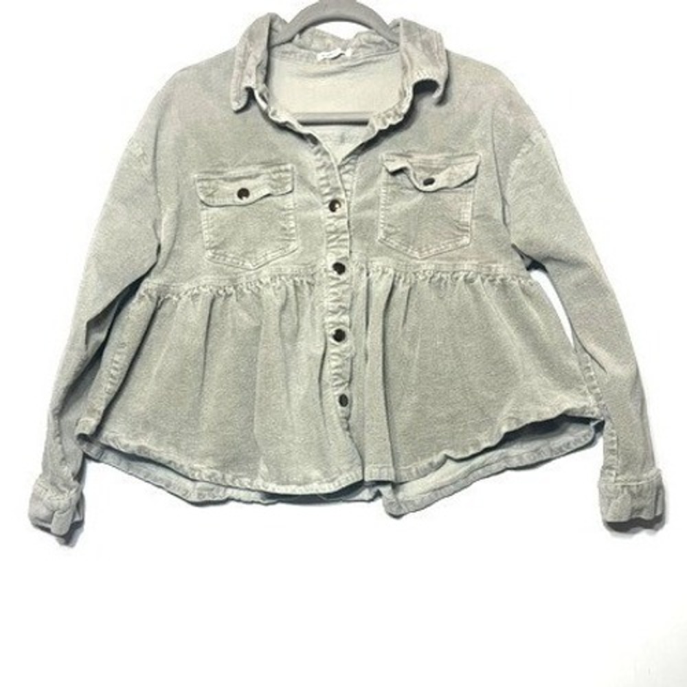 Newbury Kustom Women Sage Green Corduroy Peplum Shacket Button Down Shirt M